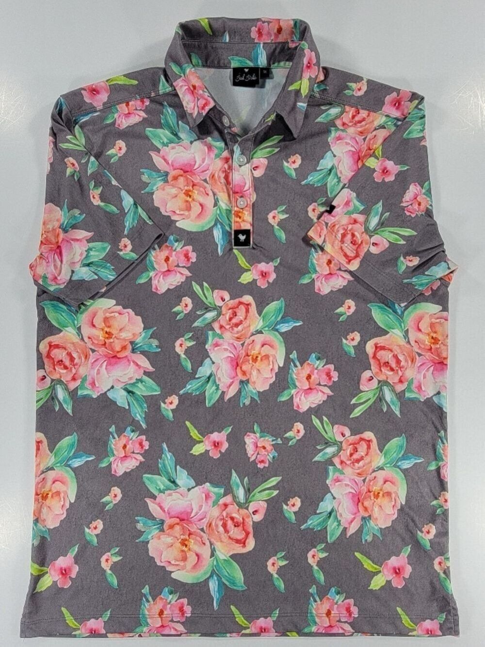 Bad Birdie Polo Shirt Mens Medium Gray Pink Floral Golf Performance Stretch
